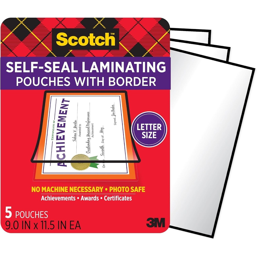image:imageScotch Self Seal Laminating Pouches 85 x 11 Letter Size with Black Border No Laminator Machine Needed Great for Achievements Awards amp Certificates 5 Self Laminating Pouches