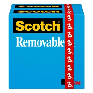 Scotch Removable Tape, 3M Adhesive Tape Sticks and Re-Sticks and Offers Clean Removal from Paper Surfaces, 3/4 in. x 1,296 in., 2 Rolls, 1 in. Core