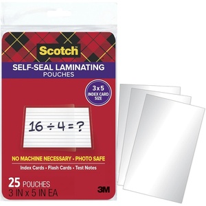 Scotch Self Seal Laminating Pouches 3 x 5 Index Card Size, No Laminator Machine Needed, Great for Index Cards, Flash Cards & Test Notes, 25 Self Laminating Pouches