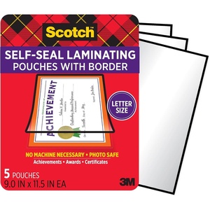 Scotch Self Seal Laminating Pouches 8.5 x 11 Letter Size with Black Border, No Laminator Machine Needed, Great for Achievements, Awards & Certificates, 5 Self Laminating Pouches