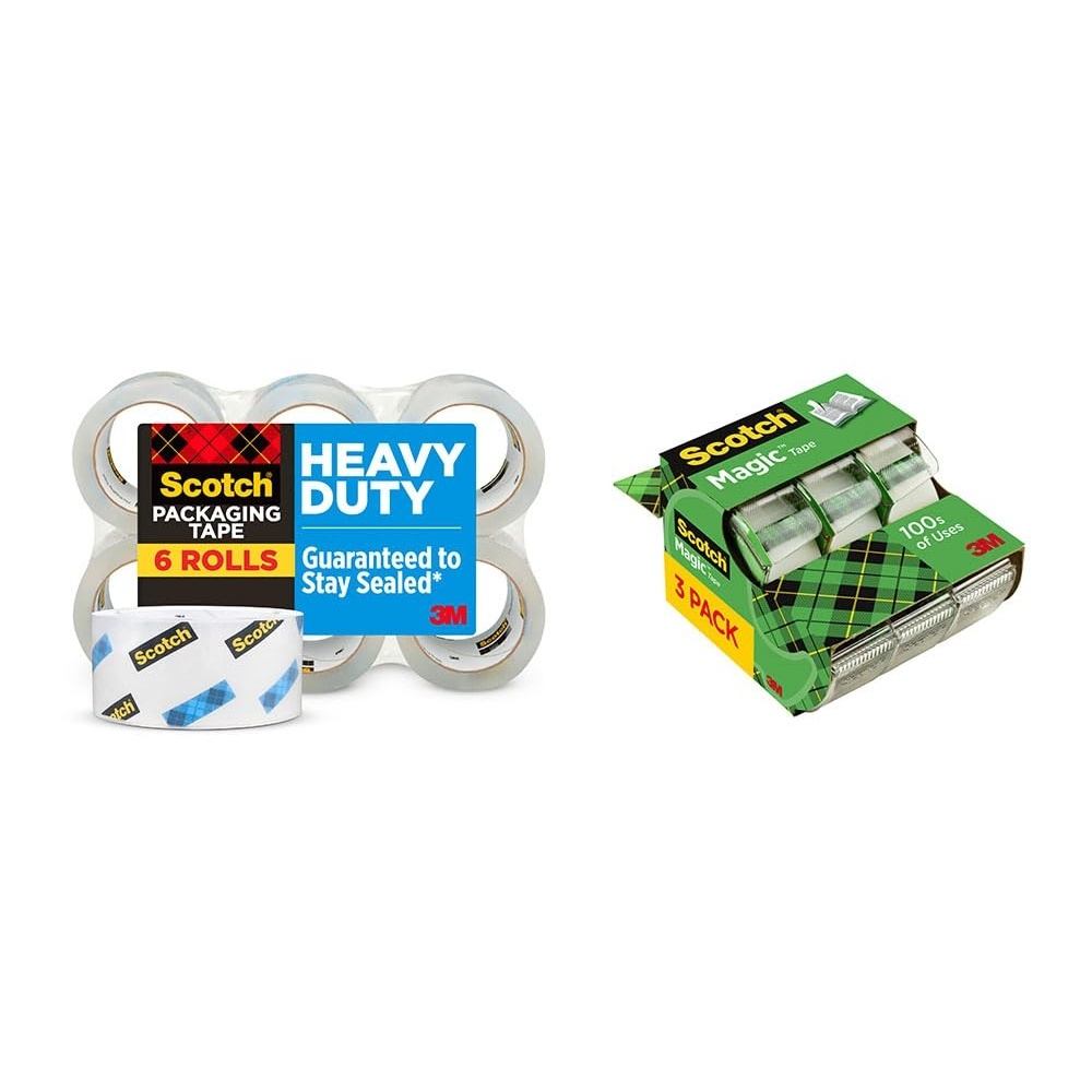 image:imageBundle of Scotch Heavy Duty Packaging Tape 188 x 546 yd Designed for Packing Shipping and Mailing 3 Core 6 Rolls  Scotch Magic Tape 3 Dispensered Rolls Clear Tape 34 x 300 InchesHeavy Duty Tape  Magic Tape
