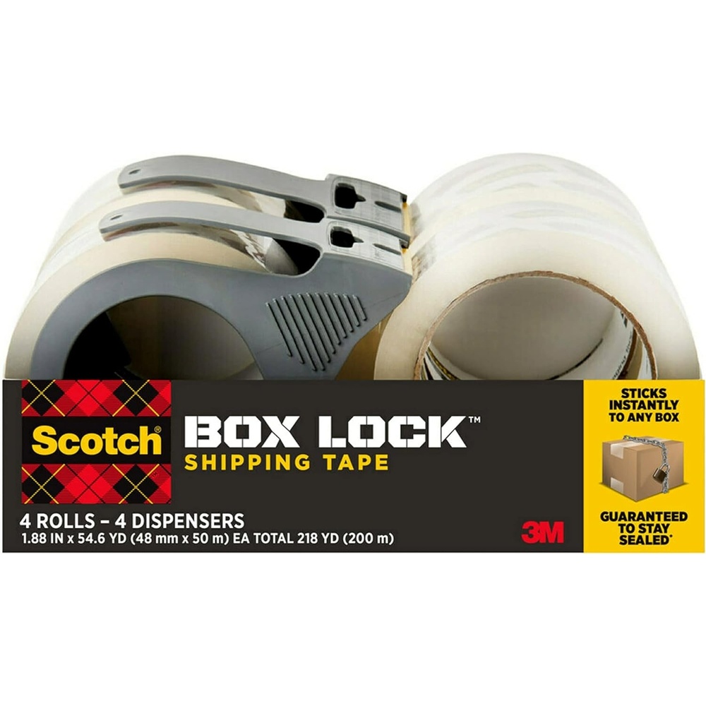 image:imageScotch Box Lock Packaging Tape 4 Rolls with 4 Refillable Dispensers 188 in x 546 yd Extreme Grip Packing Shipping and Mailing Tape Sticks Instantly to Any Box 39504RD48 Millimeters Width x 50 Meters Length