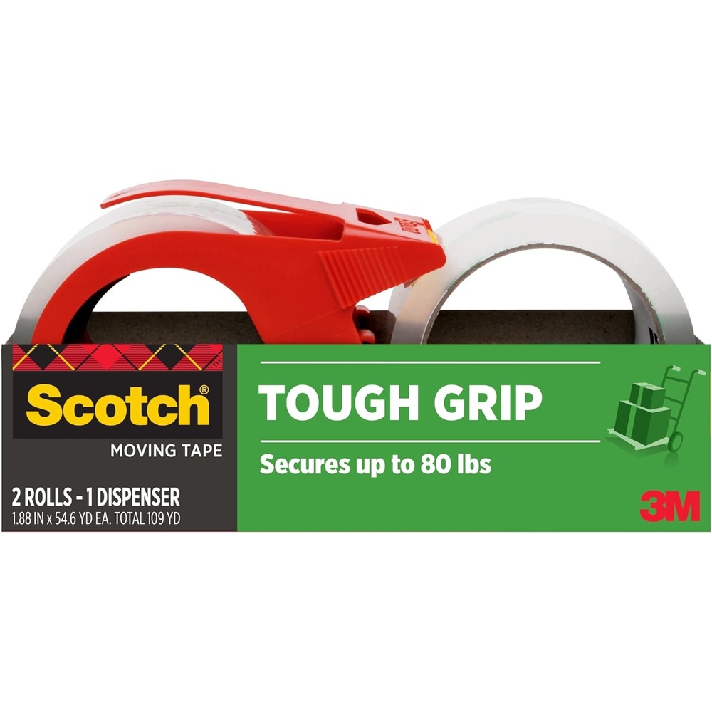 image:imageScotch Tough Grip Moving Packing Tape Clear Moving Tape that Secures Boxes up to 80 Pounds 188 in x 546 yd 2 Rolls with 1 DispenserTransparent
