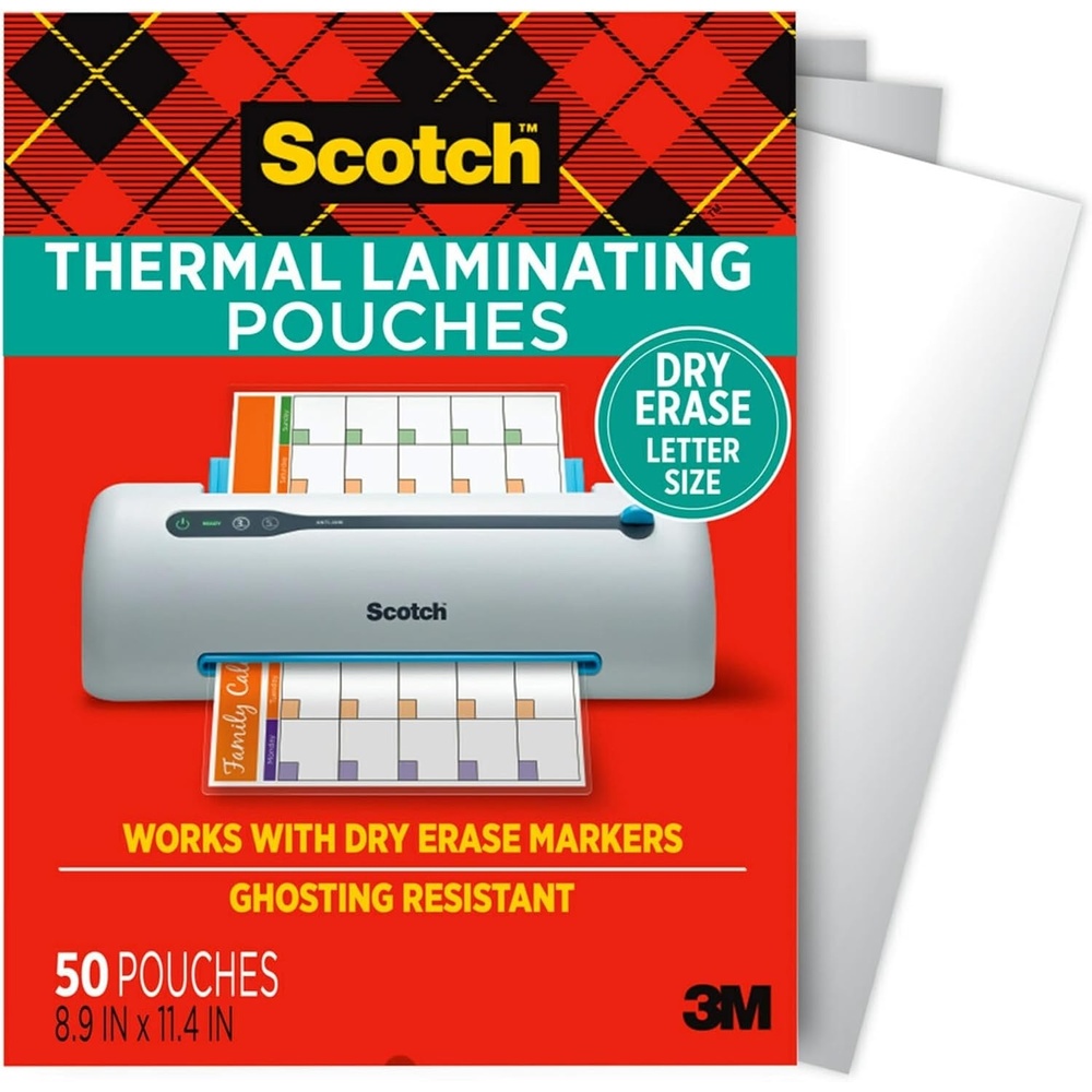 image:imageScotch dry erase Thermal Laminating Pouches 50Pack Works with Dry Erase Markers Reuseable Worksheets Calendars Checklists 89 x 114 Inches Letter Size Clear Professional Finish TP385450DE1125 in X 81516 in
