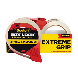 Scotch Box Lock Packing Tape, Clear, Extreme Grip Box Packaging Tape for Shipping and Mailing, 1.88 in. x 54.6 yd, 1 Roll with Dispenser(2 Rolls)