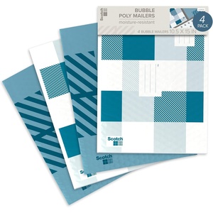 Scotch Poly Bubble Mailers, Assorted Blue Designs, Size 5 Large, 10.5 in x 15 in, 4 Mailers(Blue)