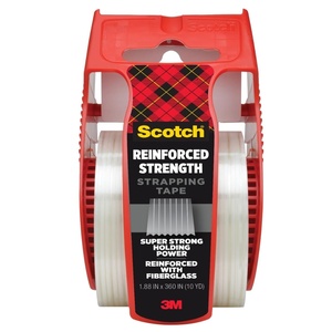 Scotch Reinforced Strength Strapping Tape, 1.88 in x 360 in, Clear, 1 Roll with Dispenser, Heavy Duty Packing Tape for Shipping, Moving, and Storage(1 Count (Pack of 1))