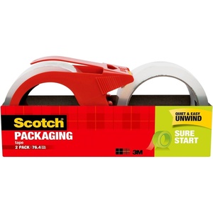 Scotch Sure Start Packing Tape, Clear, Quiet Unwind and Easy Start, 1.88 in. x 38.2 yd., 2 Tape Rolls and 1 Dispenser(2 Count (Pack of 1))