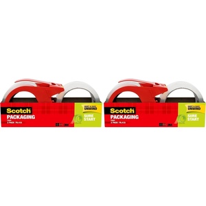 Scotch Sure Start Packing Tape, Clear, Quiet Unwind and Easy Start, 1.88 in. x 38.2 yd., 2 Tape Rolls and 1 Dispenser(2 Count (Pack of 2))