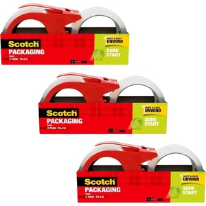 Scotch Sure Start Packing Tape, Clear, Quiet Unwind and Easy Start, 1.88 in. x 38.2 yd., 2 Tape Rolls and 1 Dispenser(2 Count (Pack of 3))