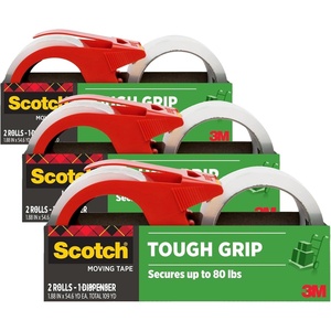 Scotch Tough Grip Moving Packing Tape, Clear, Moving Tape that Secures Boxes up to 80 Pounds, 1.88 in. x 54.6 yd., 2 Rolls with 1 Dispenser(2 Rolls with 1 Dispenser)