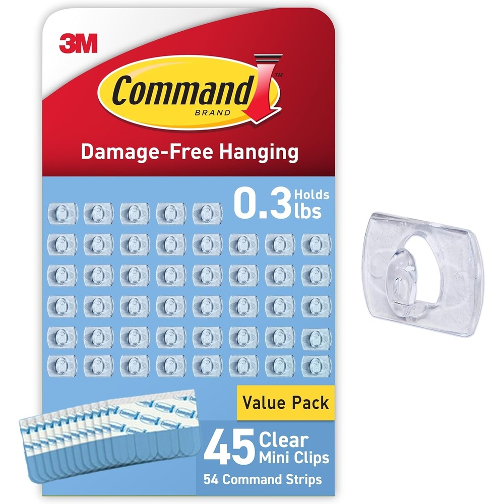 image:imageCommand Clear Indoor Mini Light Clips Value Pack 45 Clips 54 Strips DamageFree String Light Hangers for Home Room Wall Office and Dorm Decor Great for Cable Management Holds up to 03 lb45 Clips