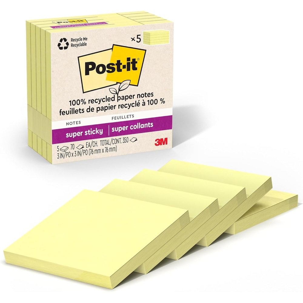 image:imagePostit 100 Recycled Super Sticky Notes 3 x 3 in Pastels 5 Pads  School Supplies and Office Products 2X the Sticking PowerCanary Yellow