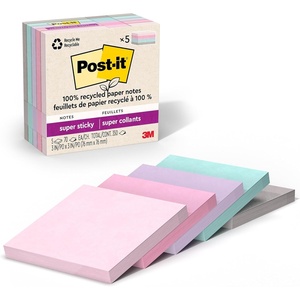 Post-it 100% Recycled Super Sticky Notes, 3 x 3 in, Pastels, 5 Pads | School Supplies and Office Products, 2X the Sticking Power(Orchid Frost  Fresh Mint  Washed Denim  Pebble Gray  Pink Salt)